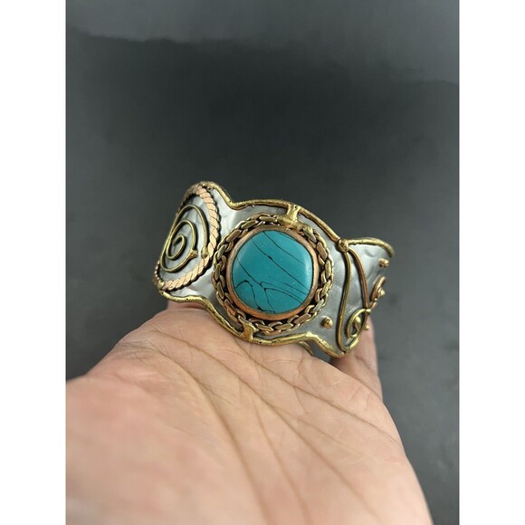 Turquoise Wide Cuff Bangle Hammered Silver Gold Tone Cosplay Egyptian Tribal Wed - Picture 1 of 8